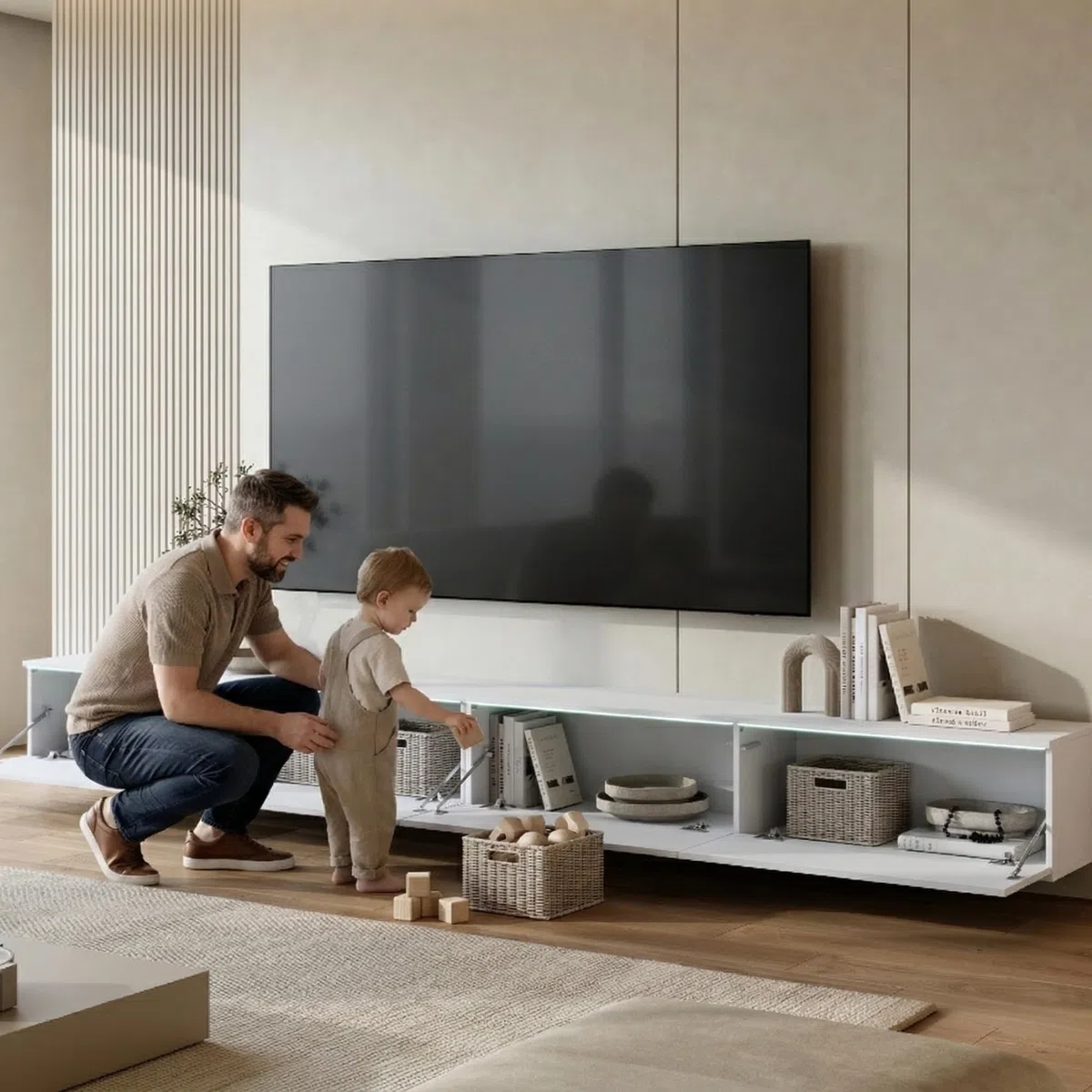Mueble TV Salon de 4 Puertas con LED - Largo de 300 cm - Mueble Television en Estilo Moderno - Mesa TV para Salón, Comedor, Dormitorio - Mesa de Televisión Salón