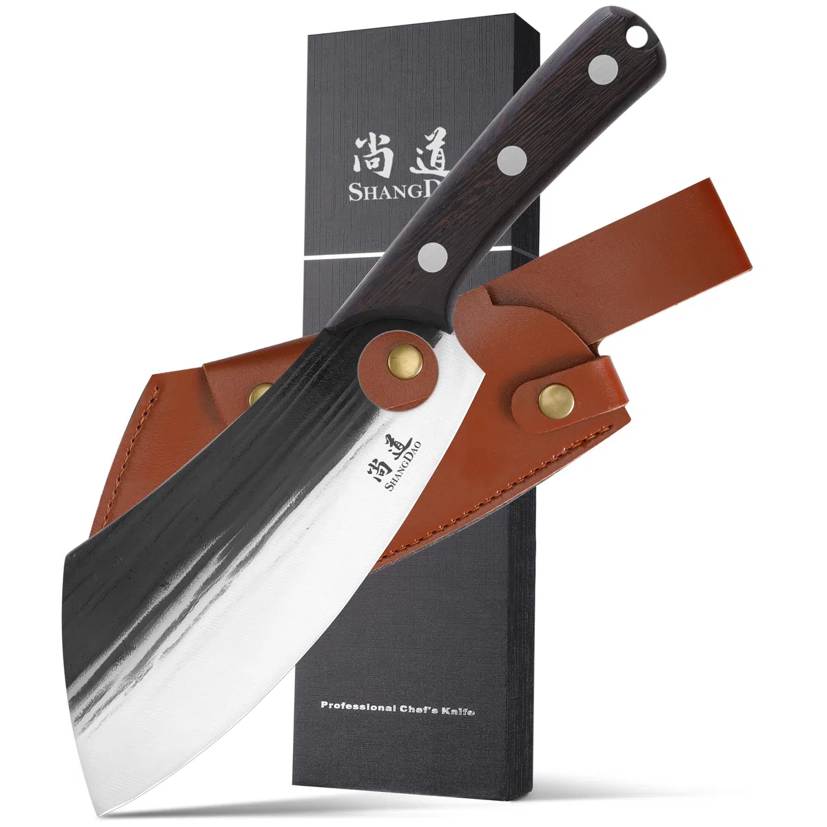 SHANGDAO Cuchillo de chef de 19 cm, cuchillo de chef serbio mejorado, cuchillo de carnicero para cortar carne, cuchillo de carnicero forjado con funda, cuchillo de cocina de espiga