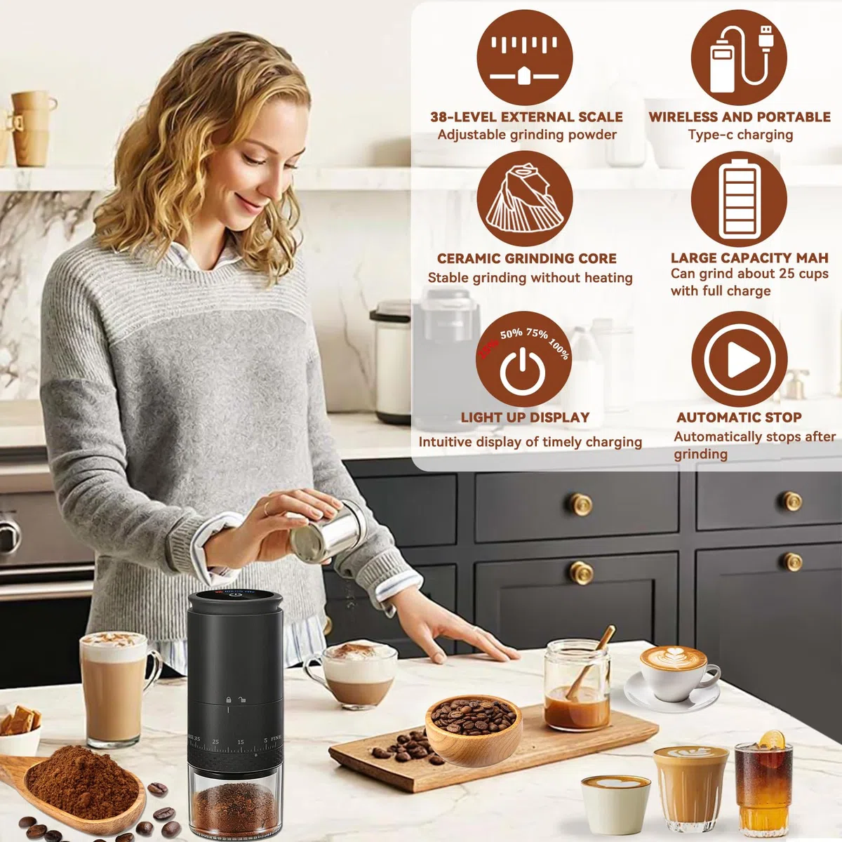 Molino de Café Eléctrico Portátil, Molinillo de Café con Muelas Cónicas de Cerámica, 2000mAH Recargable USB, Ideal para Hogar, Oficina, Campamento y Viajes (negro, L)