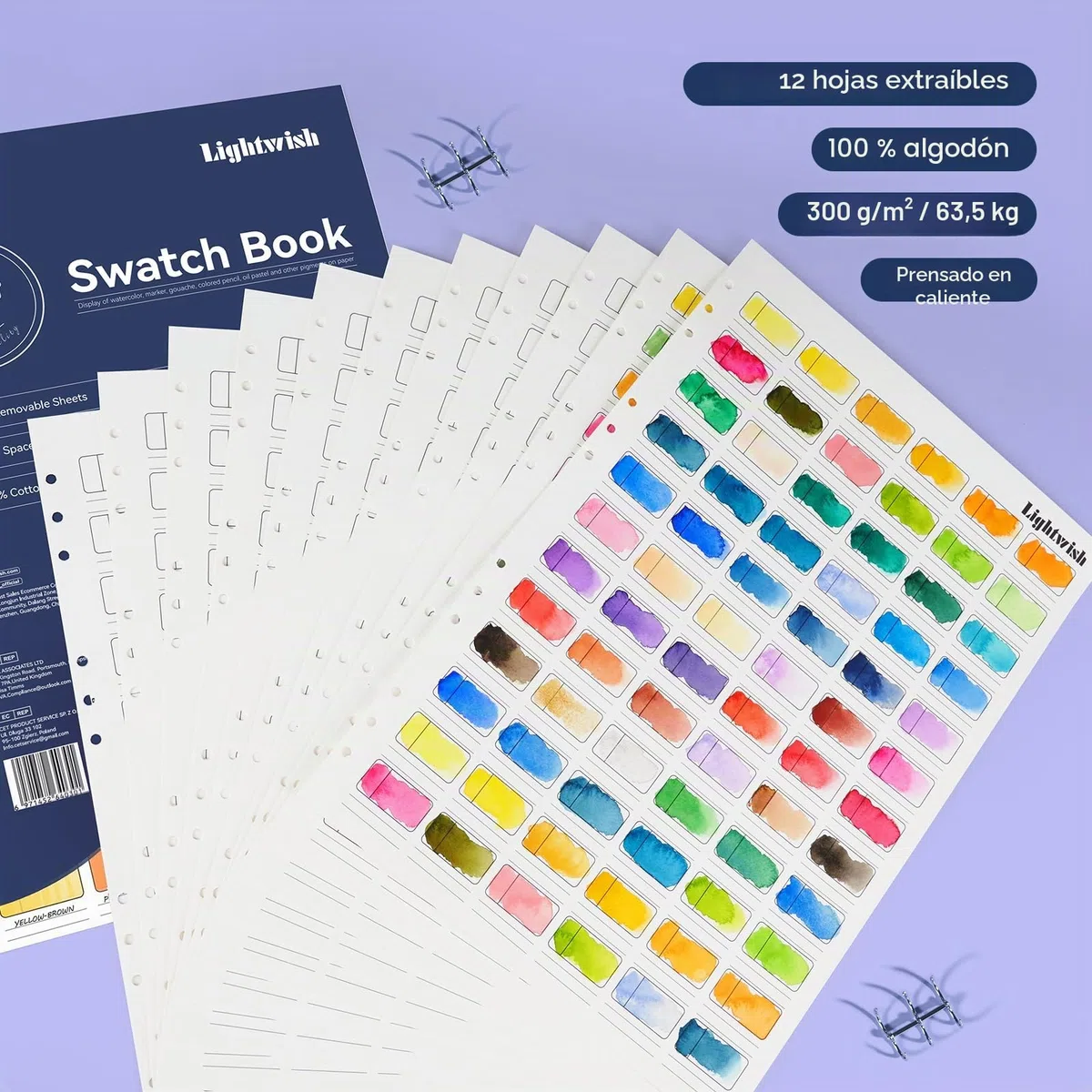 Lightwish Cuaderno de Muestras de Acuarela - 12 Hojas Desprendibles 100% Algodón 72 Espacios, 39.0 x 27.0 cm, 300gsm/140lb Hot Press para Acuarela, Gouache y Cretacolor