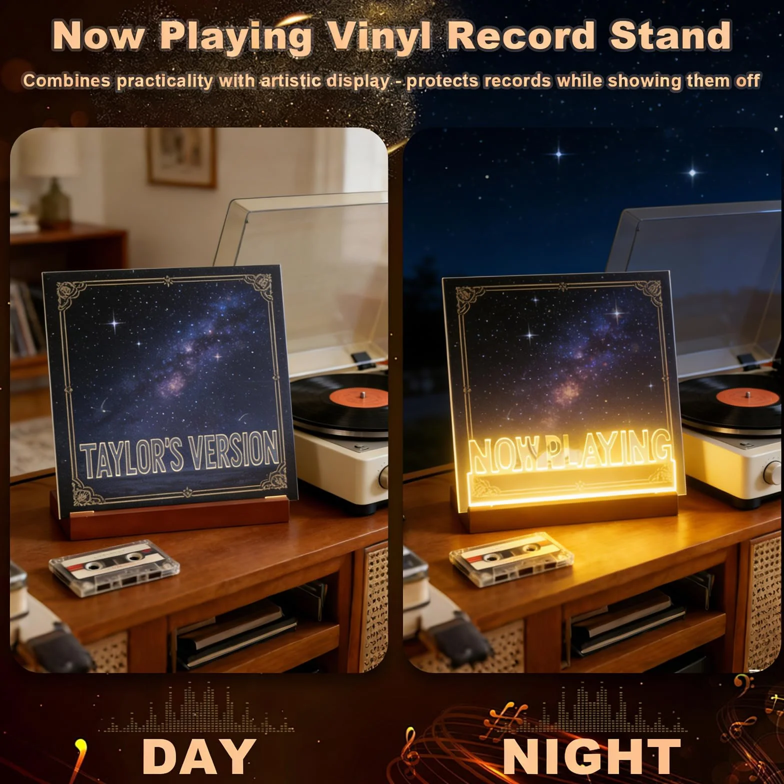 Soporte para Discos de Vinilo iluminados, Now Playing Vinyl Stand, Exhibición Acrílico de Madera con Luces de Color Blanco para Almacenamiento y Colección de álbumes, Regalo para Amantes de Vinilos
