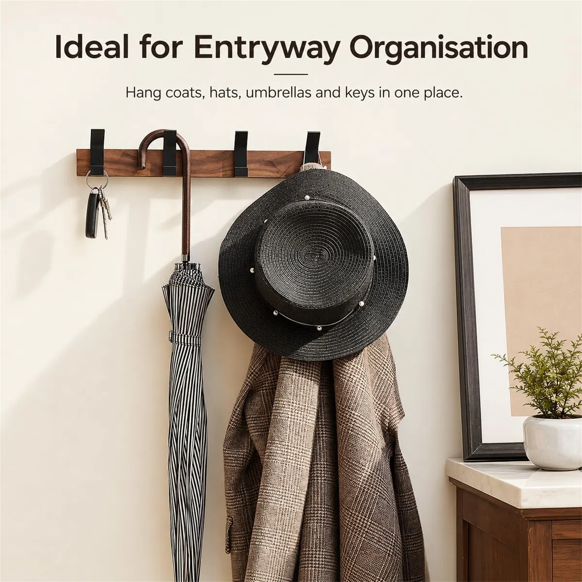 Perchero de Pared de Madera Maciza de Nogal Negro, 40 cm, 4 Ganchos Dobles de Metal Negro, Colgador de Pared para Abrigos, Toallas, Bolsos y Llaves, Entrada, Baño y Dormitorio