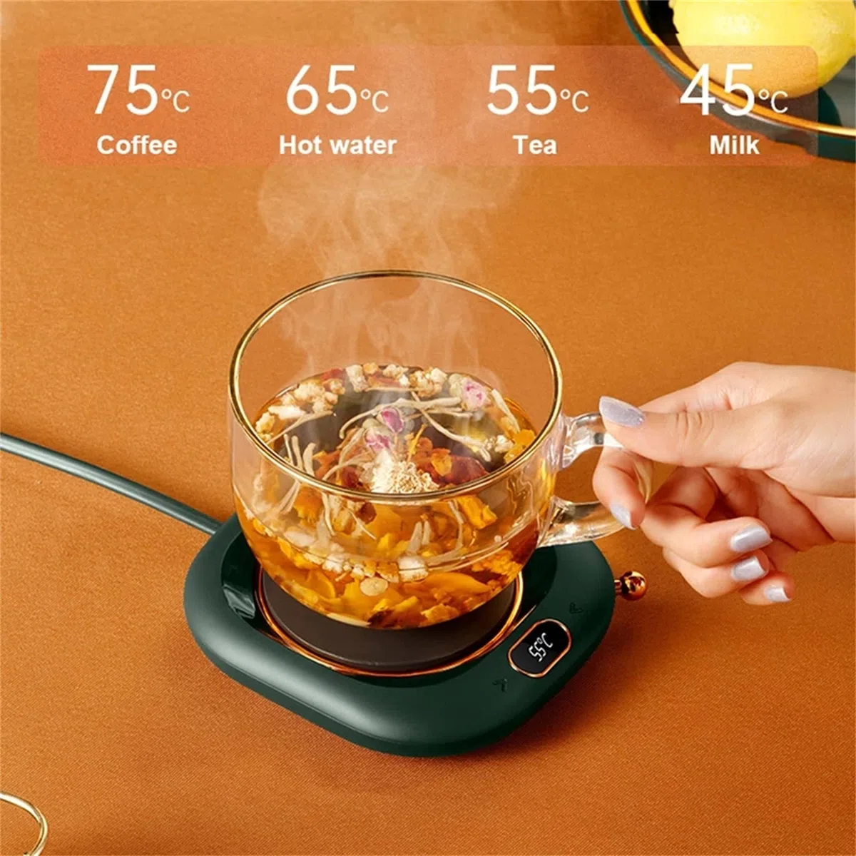 Calentador de Tazas de Café, Calentador Eléctrico de Bebidas para el Hogar y la Oficina, 4 Configuraciones de Temperatura, Posavasos Calefactor para Regalo, Café, Té, Cacao