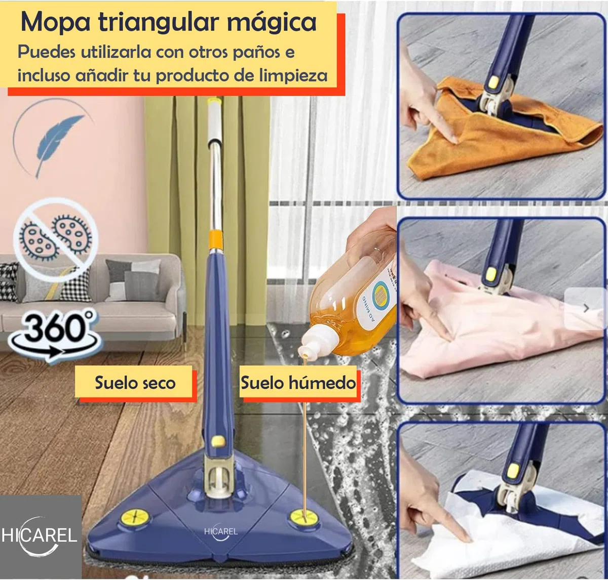 Mopa Triangular Giratoria 360 Autoescurrible de Microfibra, Mopa para Limpiar Azulejos y Paredes, Colgador, 6 Recambios, Manual y Trucos. Fregona Autoescurrible, Suelos, Techos y Ventanas.