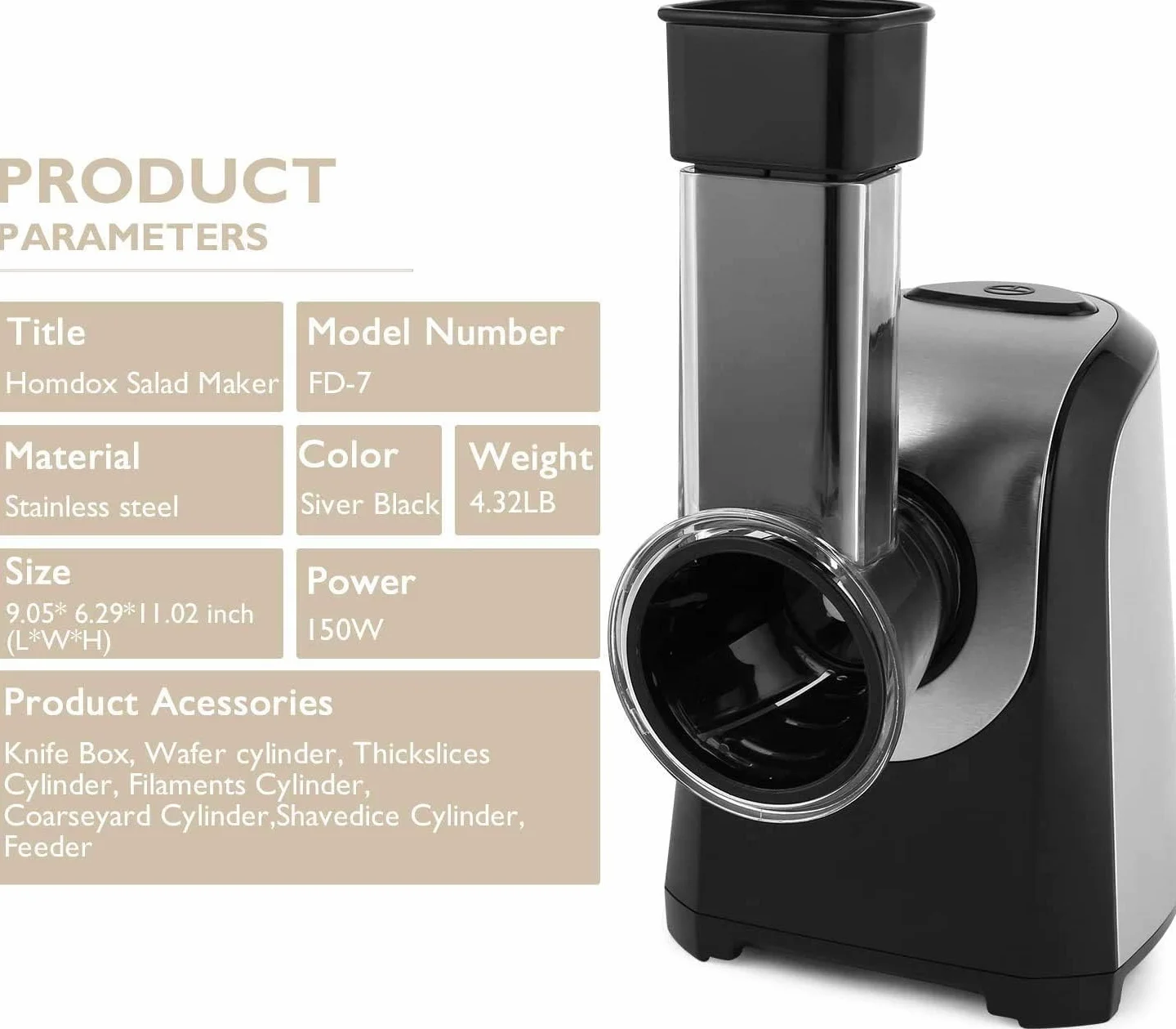 COOCHEER Cortador eléctrico de verduras | Rallador profesional de 150 W 5 en 1 con tambores de corte para verduras, queso, nueces, hogar y preparación de ensaladas, apto para lavavajillas