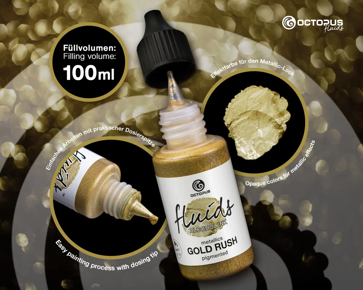 100 ml Fluids Alcohol Ink GOLD RUSH, Tinta al alcohol para Fluid Art y Resin Art, oro metálico