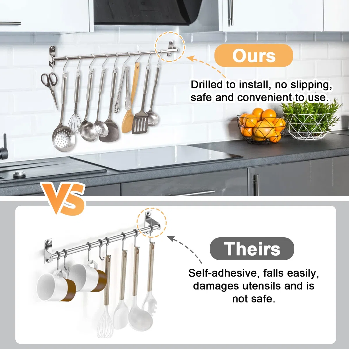Colgador de Utensilios de Cocina de 15 Ganchos de Acero Indoxible Barra para Cocina con Ganchos S