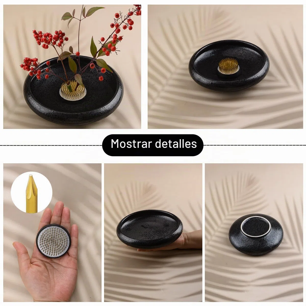 Suministros para arreglos florales CRAFFANCY, jarrón de cerámica ikebana profundo y redondo con ranita de flores Kenzan de 5 cm para arreglo floral y decoración del hogar, negro con manchas