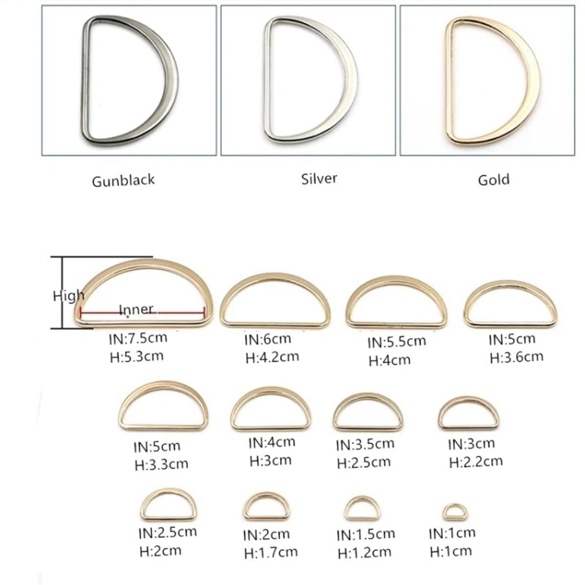 50 Uds, Hebilla de Metal de aleación, anillo en D plateado, negro y dorado, medio redondo para zapatos, bolsa, correa, bricolaje, 15/20/25/30/35/40/45 / 50MM-60MM, ORO
