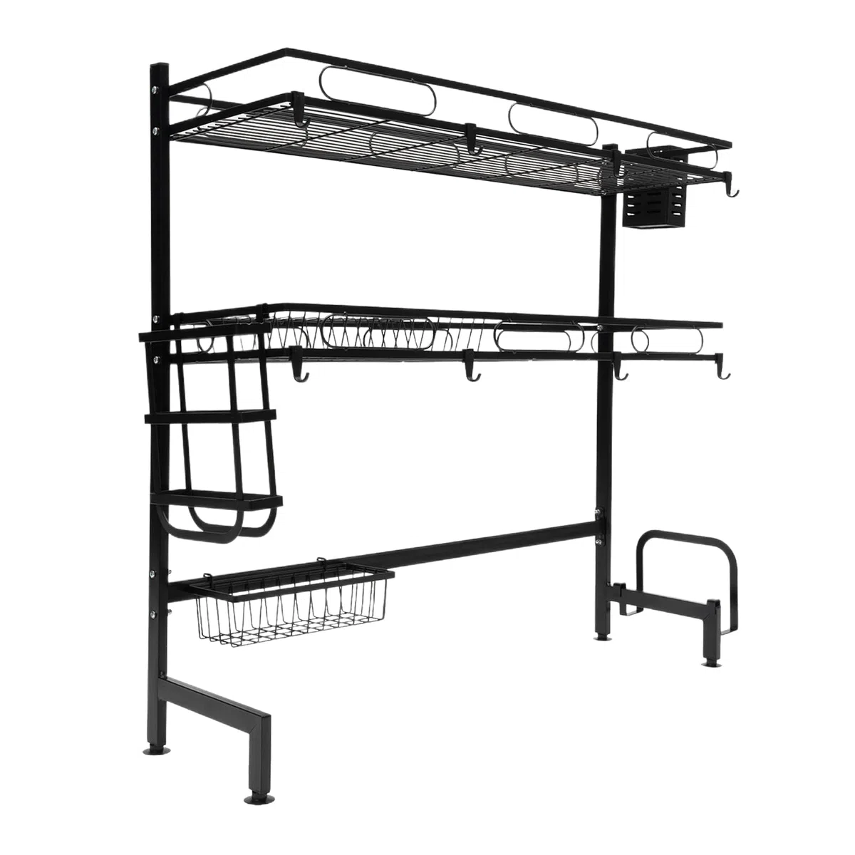 Escurreplatos sobre fregadero, 2 niveles de acero inoxidable, escurreplatos grande, para cocina, con soporte para utensilios, soporte para tabla de cortar, bloque de cuchillos, negro (82 cm)