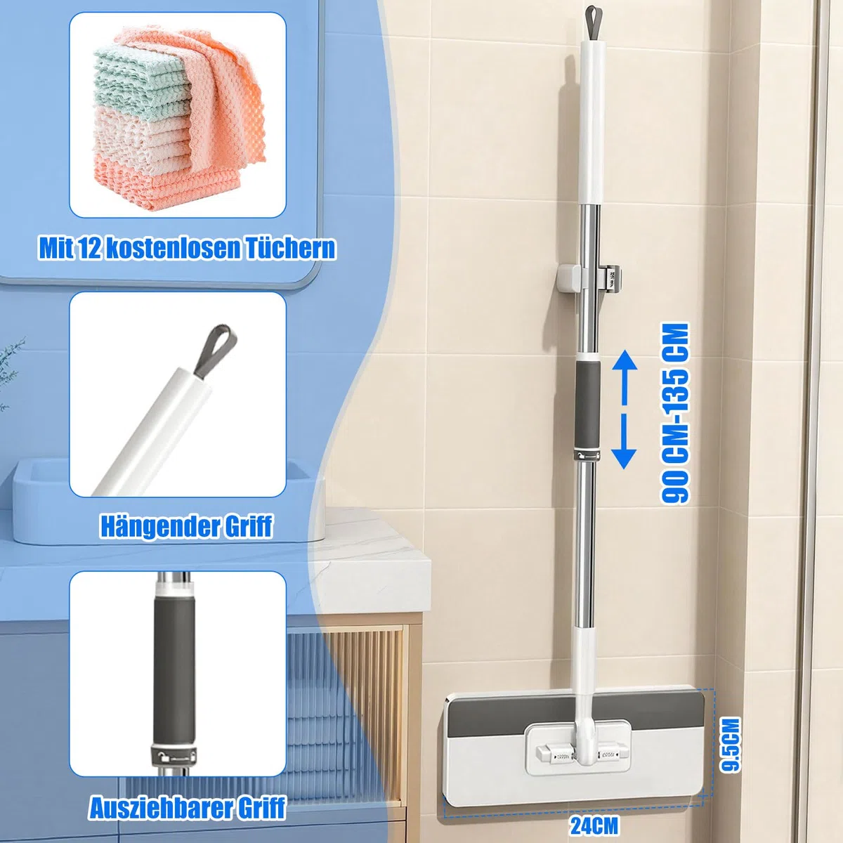 Mopa de microfibra con sistema de sujeción a presión, paño de sujeción automático con 12 paños de microfibra reutilizables, fregona desmontable para una limpieza práctica, clip para paños sin lavar a