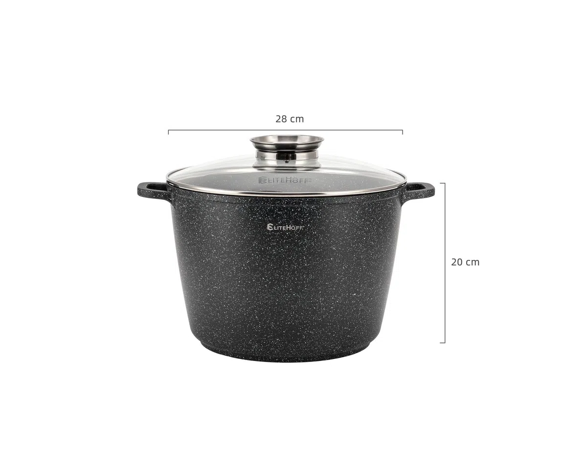 Olla de Cocina Antiadherente EliteHoff con Tapa, Olla de Aluminio para Sopa, Gran Olla de Mármol para Inducción, Olla de Inducción para Todo Tipo de Cocinas (Negro, 10L Ø 28cm)