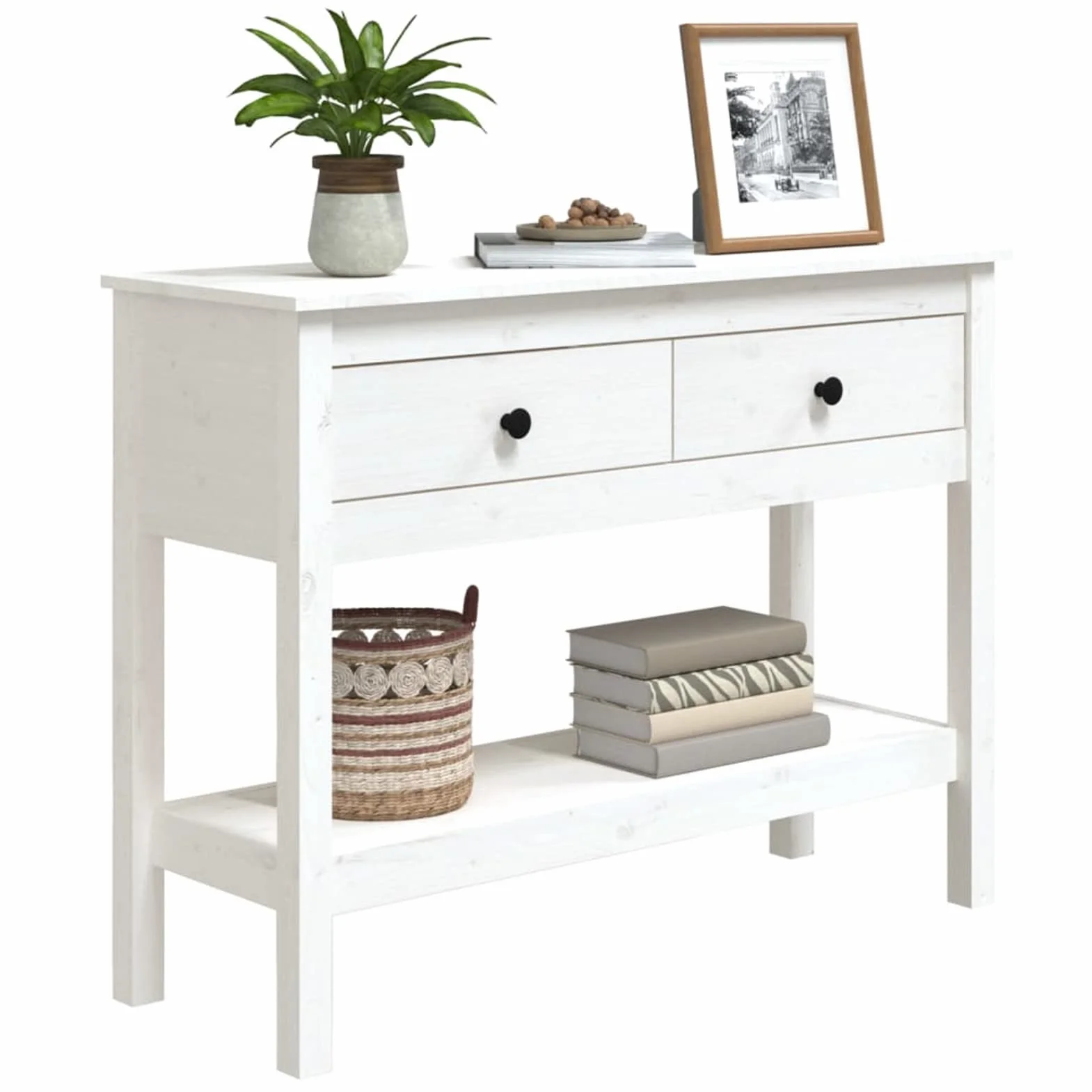 Homgoday Mesa Consola Recibidor Mueble de Entrada Estrecha Clásica Grande Mesa Auxiliar para Pasillo Comedor Mesa Consola de Madera Maciza de Pino Blanco 100x35x75 cm