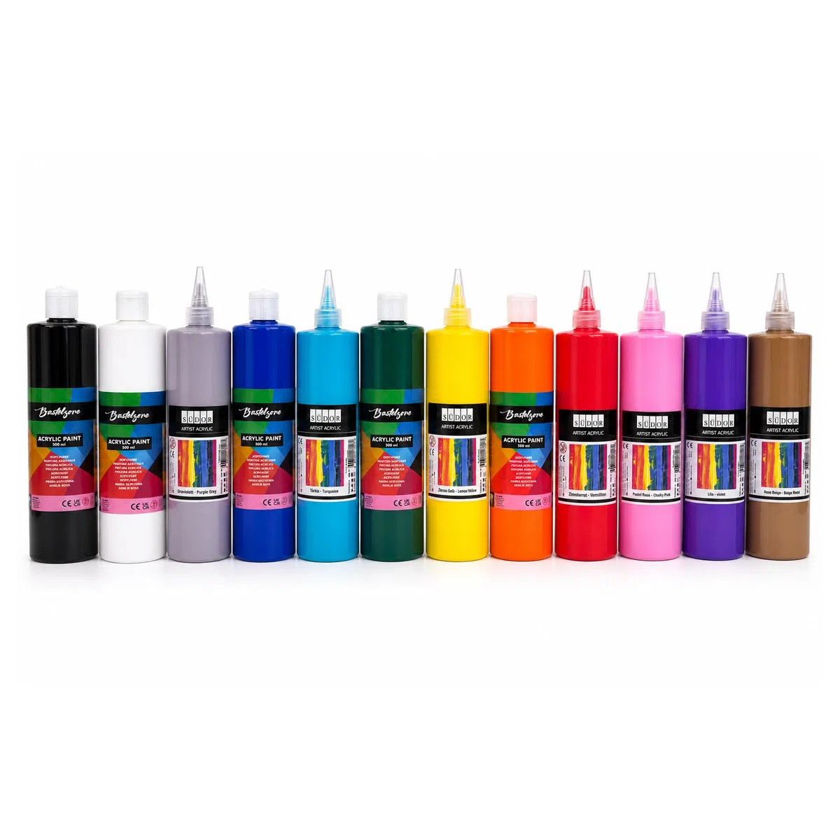 SÜDOR Juego de 12 pinturas acrílicas de 500 ml. Colores base altamente pigmentados. Pinturas opacas para madera, piedra, lienzo, papel, tela, cuero, metal. pinturas para todo uso
