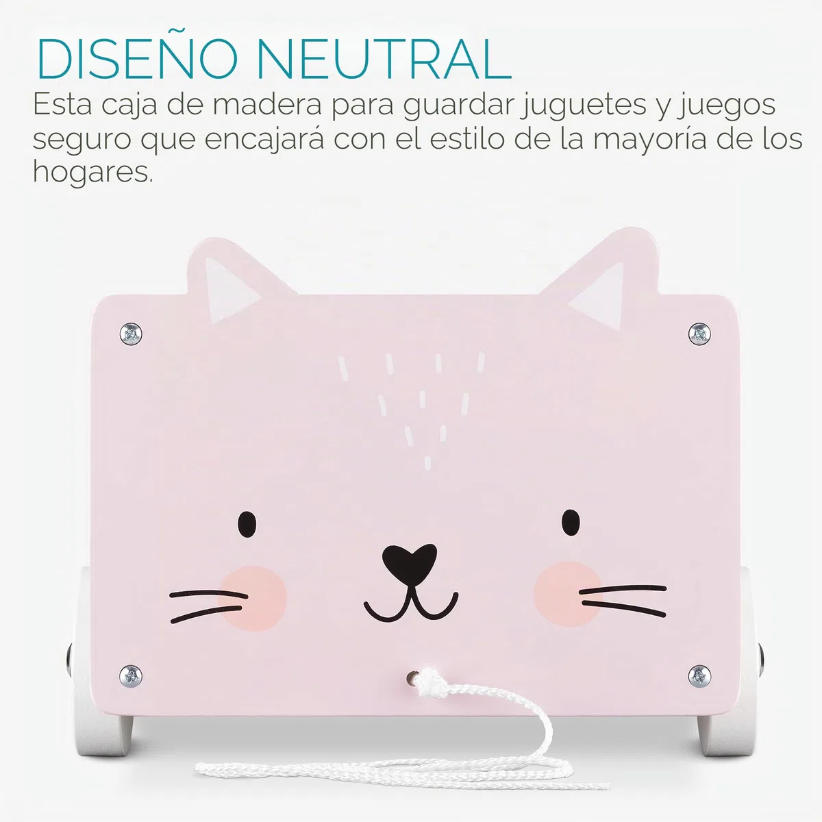 Navaris Caja de almacenamiento de juguetes - Baúl de madera para almacenaje en habitación de los niños - Cubo con ruedas y diseño de gato - Unisex