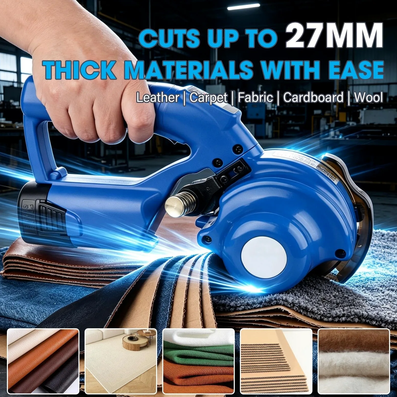 Electric Fabric Cutter Cortadora Tela Recargable Batería Doble 16.8v Cuchilla Autoafilado LED Luz Capacidad Corte 27mm Cuero Textil Alfombra Cartón Tapicería Costura Taller Portátil Ligero