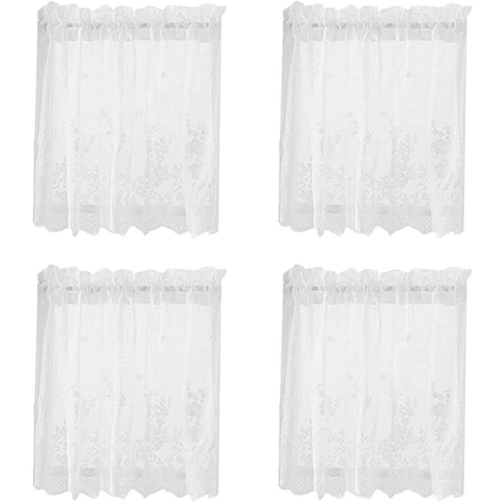 POFET 4 Paneles de Encaje Bordado Ventana Pequeña Voile Gasa Volante de Escalones para Cocina, Café, Medias Cortinas con Volante para Decoración del Hogar, etc. 74x61cm, Blanco