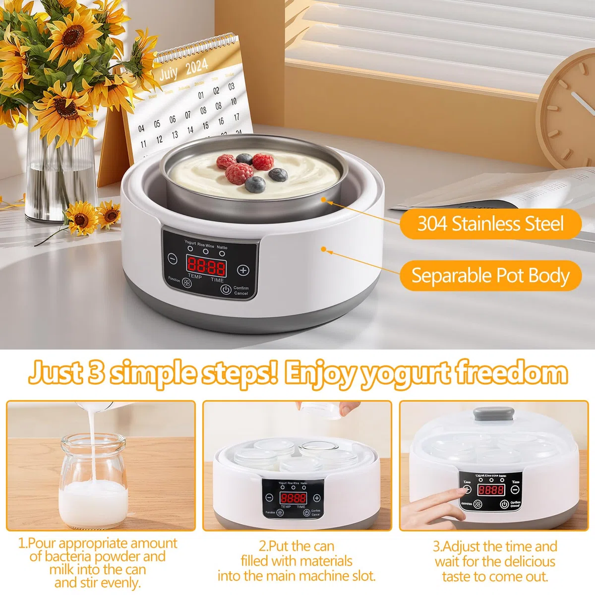 Euakee Yogurtera, Yogurtera Eléctricacon con 5 tarros de 100 ml de Capacidad, Termostato Regulable y Pantalla Digital, Ideales para la Preparación Casera de Yogur y Natto