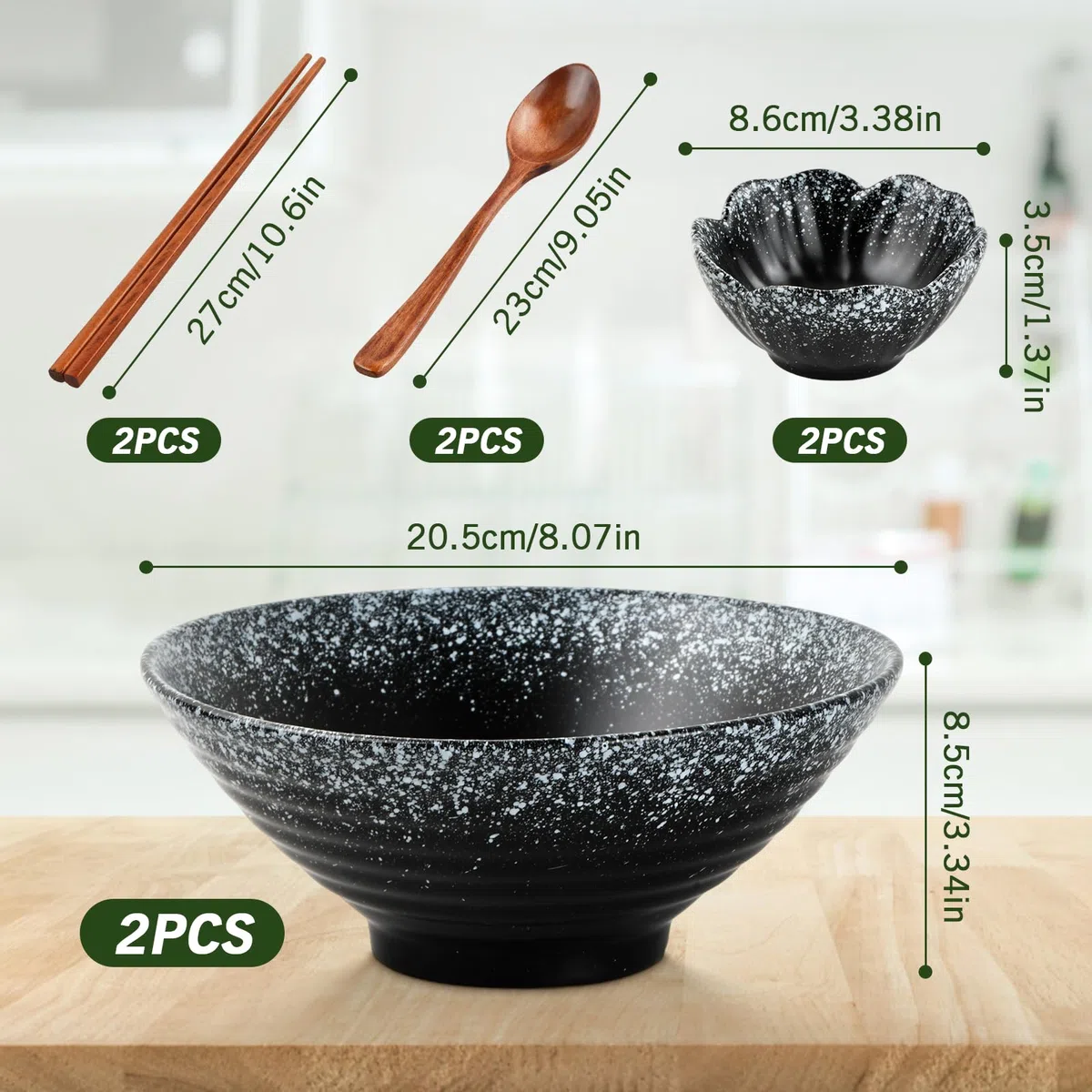 Juego Japonés de Vajilla, 2 Juegos Ramen Bowl de Cerámica,con Palillos, Cucharas y Condimento Plato, Tazones de Sopa de Fideos Japoneses, para Fideos, Ensalada de Frutas, Verduras