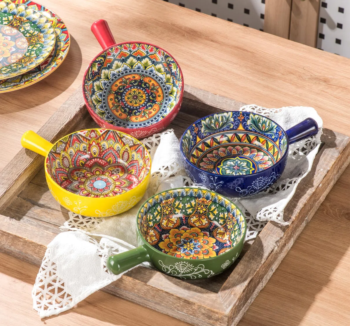 Henten Home Cuenco de Sopa con Mango, Cuencos de Cereales, Olla de Cerámica para Cereales/Sope - 750 ml, Cuencos para Sopa con Cebolla Francesa, Cuenco Microondas y Horno - Estilo Bohemio