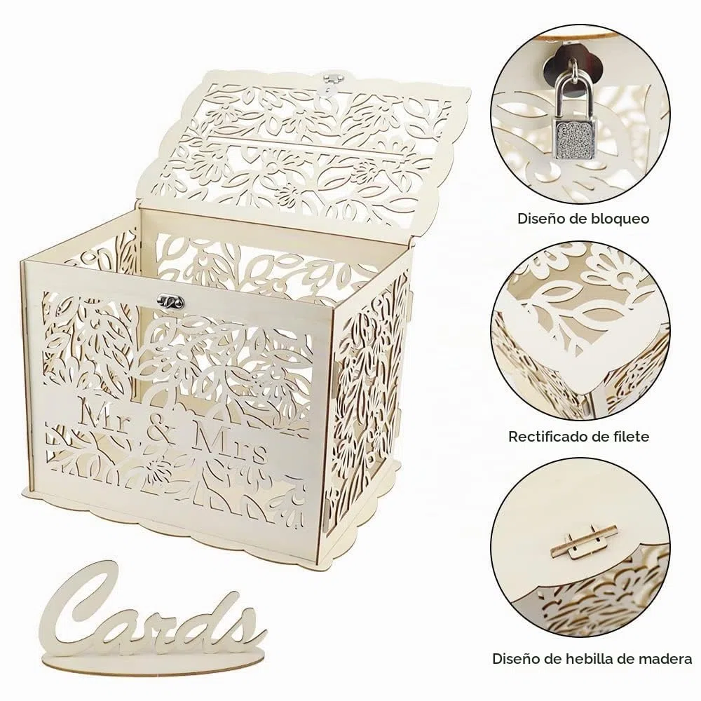 Caja de Madera para Tarjetas de Boda 30x23x23cm - Caja Tarjeta de Regalo Grande con Letrero y Cerradura para Decoración de Boda y Aniversario - Mr & Mrs