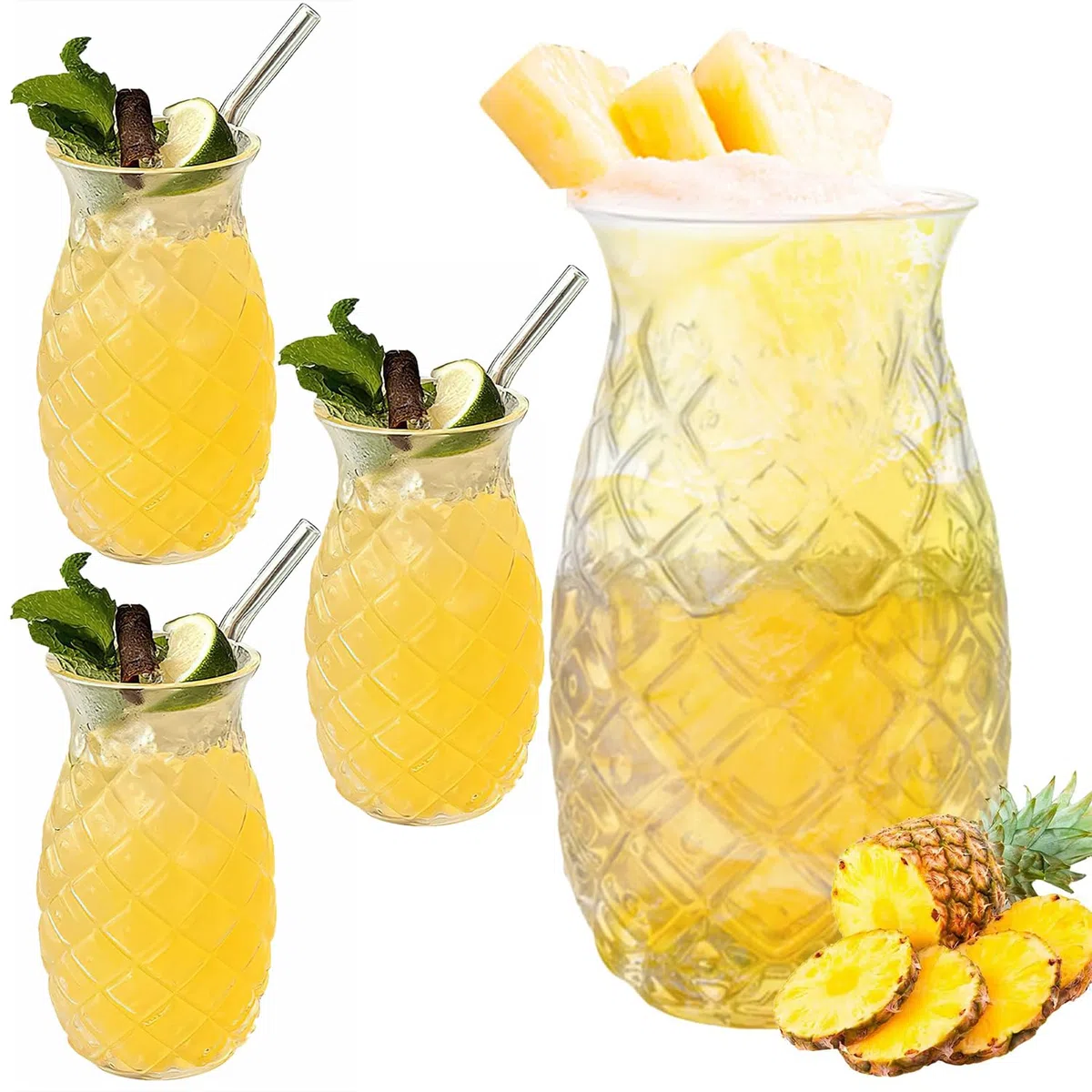 Juego de 4 de Vasos de Cóctel de 480 Ml, Vasos de Cóctel Transparentes con Relieve de Piña, Vasos de Piña, Copas de Pina, Copas de Piña Divertidas para Familia, Camping, Bar