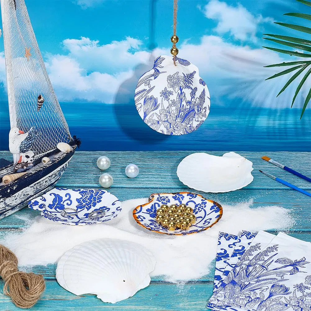 PH PandaHall Juego de 12 juegos de decoupage con conchas de vieira, grandes conchas con 24 piezas de papel para decoupage, 10 m, cuerda, 2 pinceles, 30 cuentas doradas para manualidades y bricolaje
