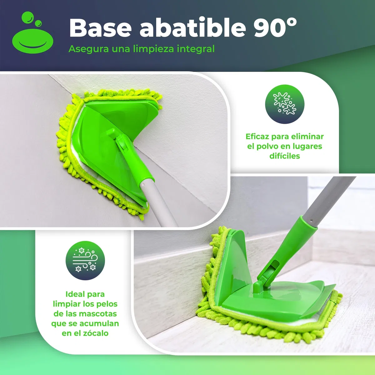 Mopa para Limpiar Azulejos y Paredes + Rasqueta Limpia Cristales | Trapeador Giratorio 360 | Mango Ajustable hasta 2,08 Metros | 6 Almohadillas de Chenilla y Microfibra (MOPA+RASQUETA)