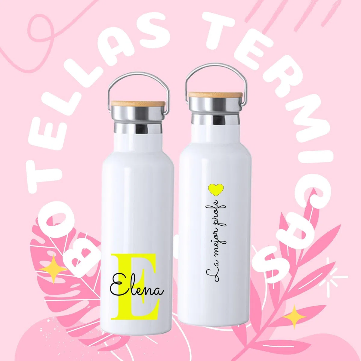 Pack Personalizado con DEDICATORIA Y NOMBRE eh Botella Térmica 500ml y Bolsa de Tela, Diseño con Inicial, Botella Personalizada, regalo profesores