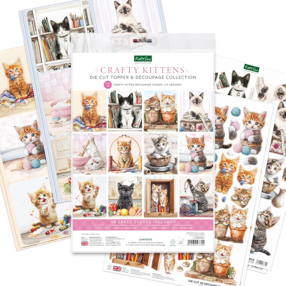 Katy Sue Crafty Kittens - Decoración de tarjetas troqueladas y colección de decoupage. 4 hojas de adornos de tarjetas con temática de gatitos y gatos y 4 hojas de decoupage troquelado a juego para