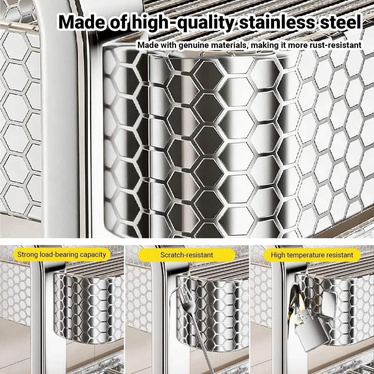 Escurridor de platos de acero inoxidable de 2 niveles con soporte para utensilios, escurridor de encimera de cocina para platos, vasos, cuencos y cubiertos