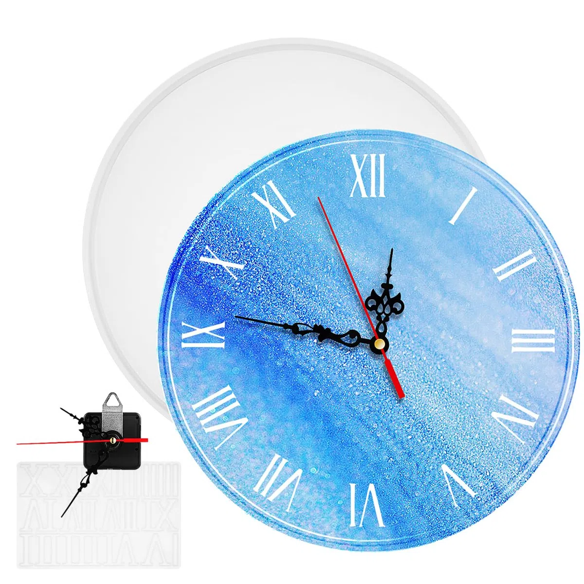 VILLCASE Molde de silicona para reloj de resina epoxi, forma redonda de resina epoxi, juego de moldes con mecanismo y molde de silicona árabe romana para pared DIY