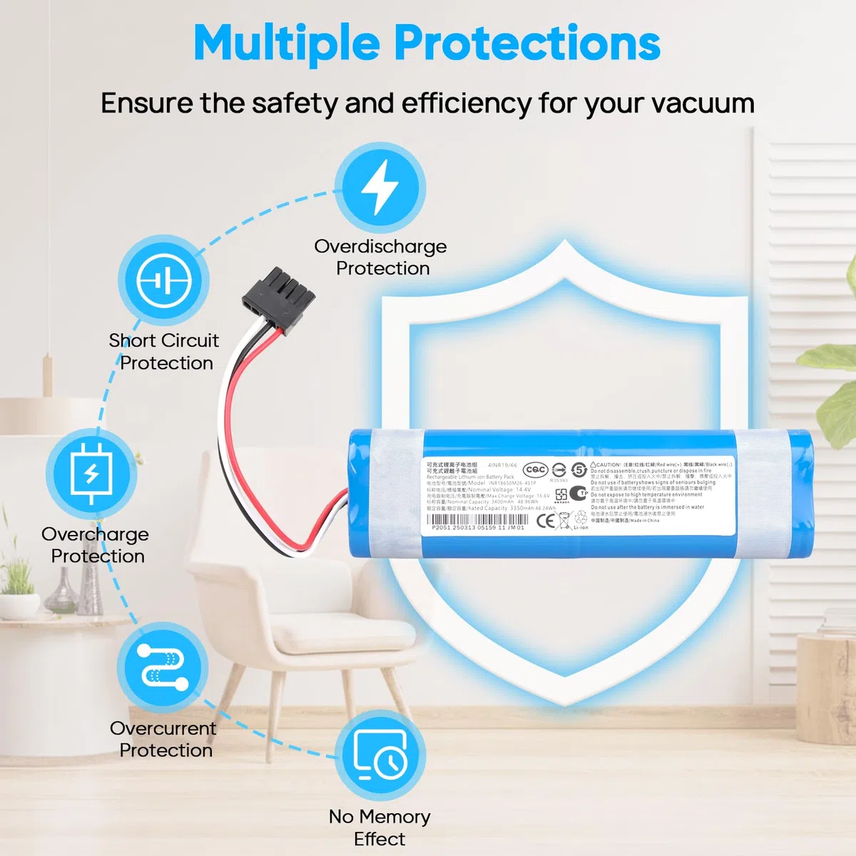 3400mAh 14,4 V Batería Compatible con Xiaomi Mop, Mop 2S, Mop Pro, Mop P Aspiradoras Robot, Conga 3290, 3390, 3490, 3590, 3690, 3790, 3890 Aspiradoras Robot STYTJ02YM XMSTJQR2S