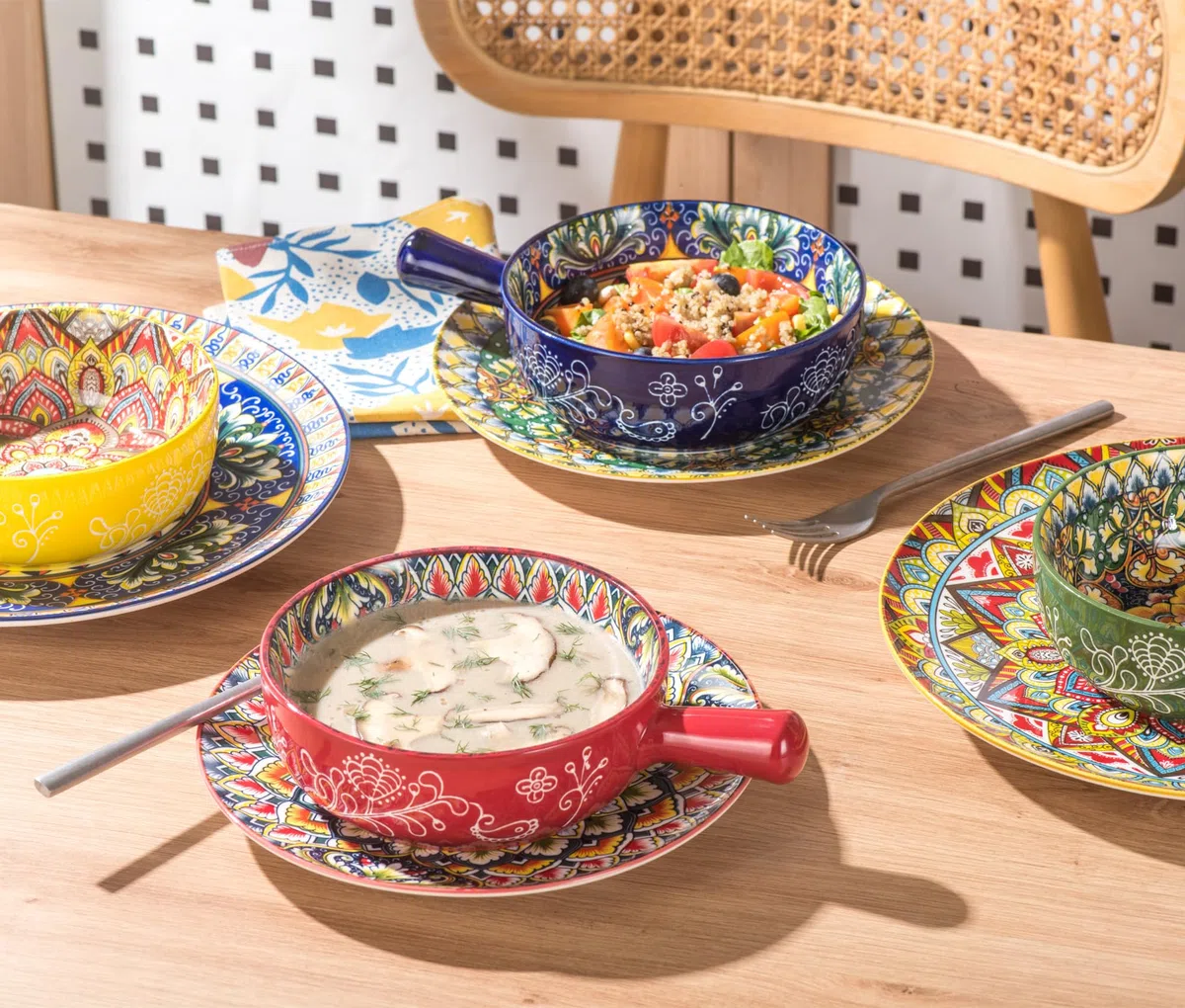 Henten Home Cuenco de Sopa con Mango, Cuencos de Cereales, Olla de Cerámica para Cereales/Sope - 750 ml, Cuencos para Sopa con Cebolla Francesa, Cuenco Microondas y Horno - Estilo Bohemio