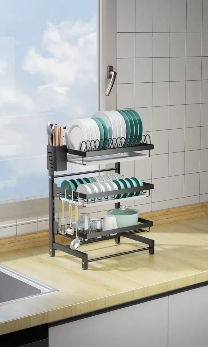 Luchs - Escurreplatos para platos/escurreplatos/estante para secar/especias/soporte para platos/organizador de cocina con rejilla de goteo (3 niveles)