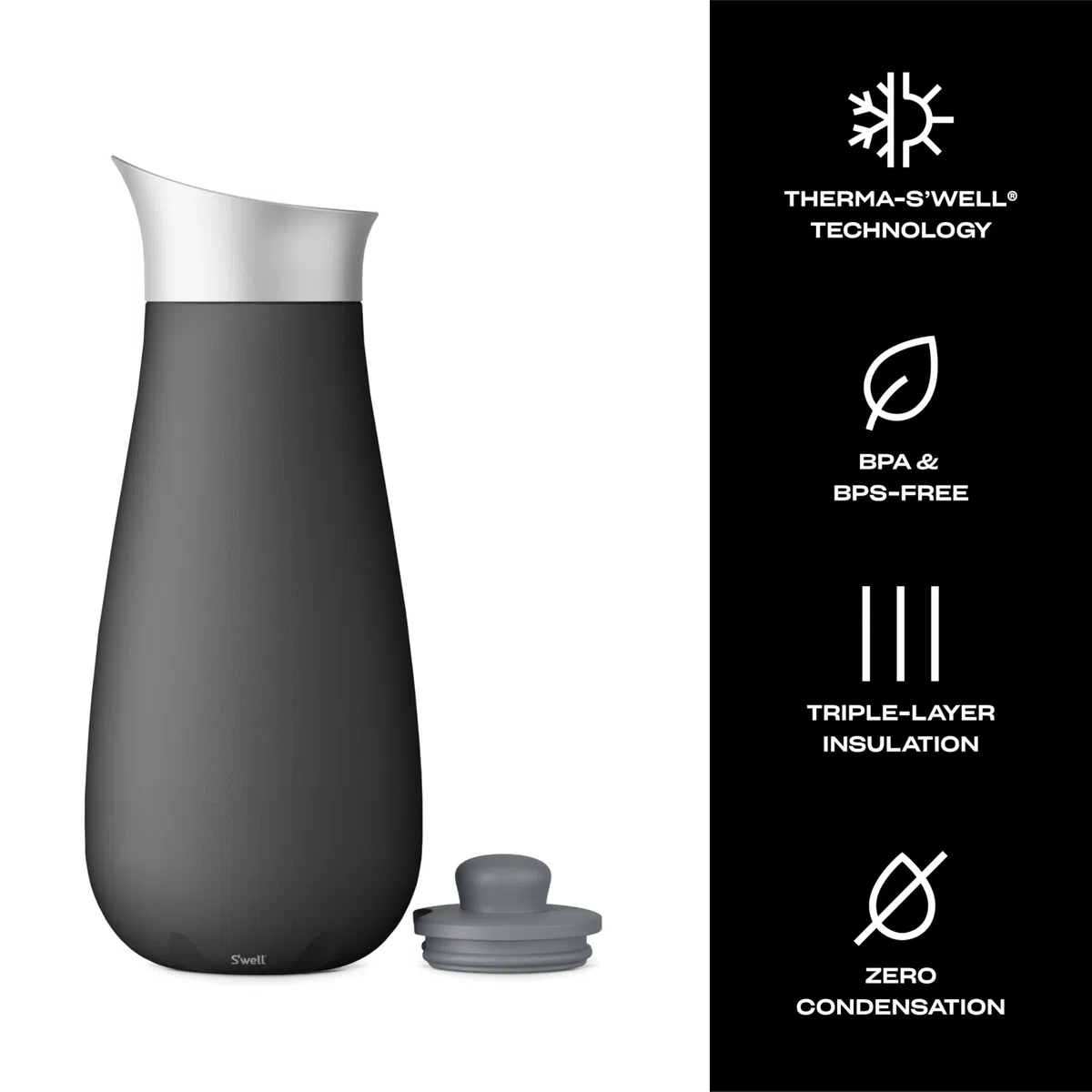 S'well Jarra de acero inoxidable con tapa de silicona, 1,5 L, ónix, recipiente aislado al vacío de triple capa que mantiene las bebidas frías durante más tiempo, sin BPA
