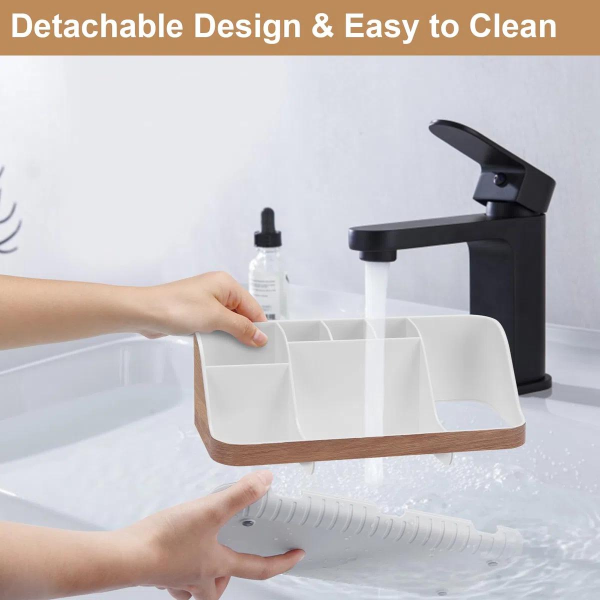 GFWARE Organizador de encimera de baño, 7 ranuras desmontables, cepillo de dientes eléctrico y pasta de dientes, drenaje para accesorios de baño, organización, mostrador, almacenamiento de fregadero,