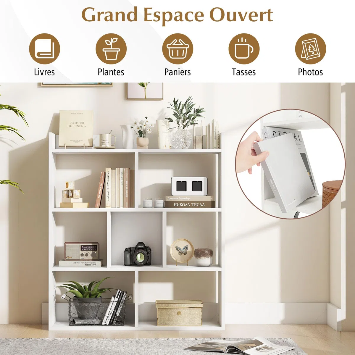 GOPLUS Librería de 7 Cubos Abiertos, Estantería de Madera de 3 Niveles con Kits Antivuelco, Mueble de Almacenamiento para Salón, Habitación Infantil, Estudio, Oficina, 80 x 20 x 90 cm (Blanco)
