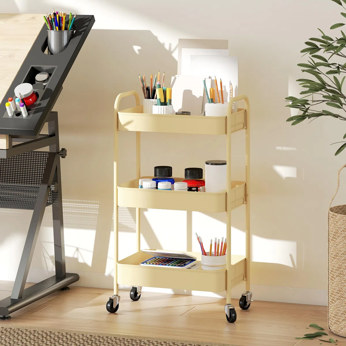 HOMCOM Carrito Auxiliar con Ruedas de 3 Niveles, Carrito de Cocina con 3 Cestas y 2 Asas, para Baño, Dormitorio, Oficina, 45x30,6x79 cm, Amarillo