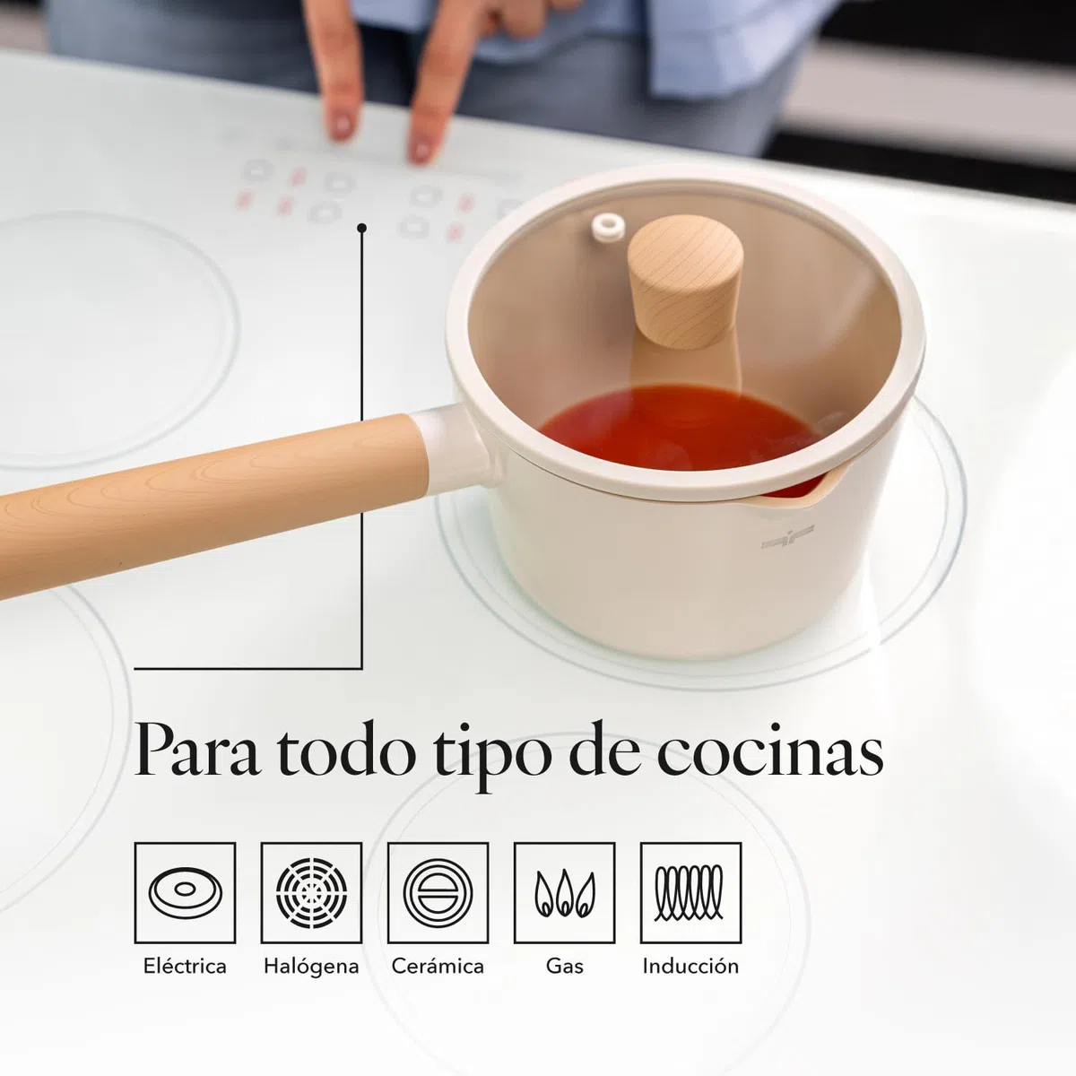 FLORINA Nube cacerola de aluminio | 16 cm | 1,6 l | Apta para inducción | Revestimiento cerámico resistente a los arañazos | Mango suave al tacto con efecto madera | Para todo tipo de placas