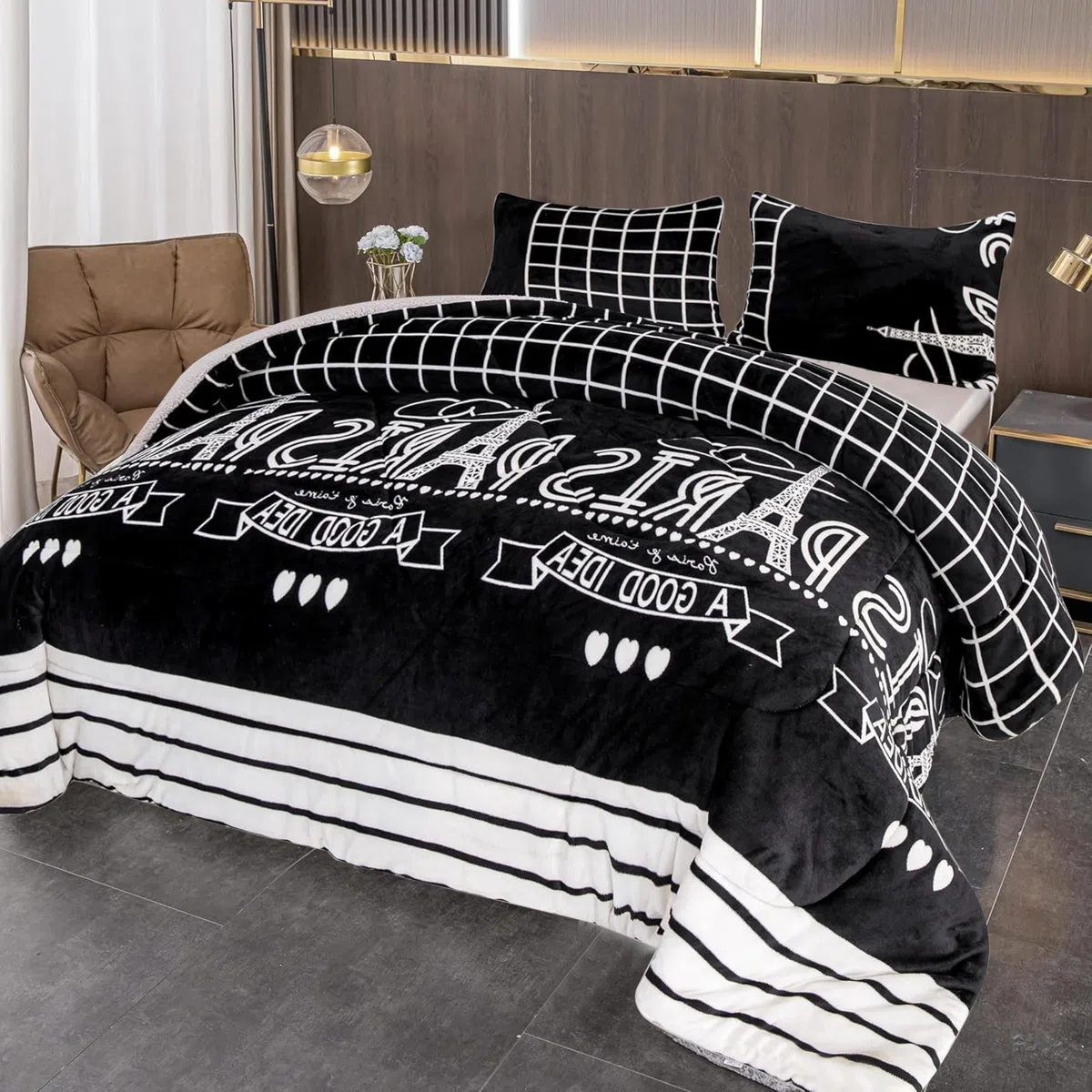 BESCH Edredón Invierno Nórdico de Franela con Forro Polar de Sherpa 240x260 cm + 2 Fundas de Almohada | Edredones Borreguillo Extra Suave para Cama, Cálido y Gruesa (Paris)