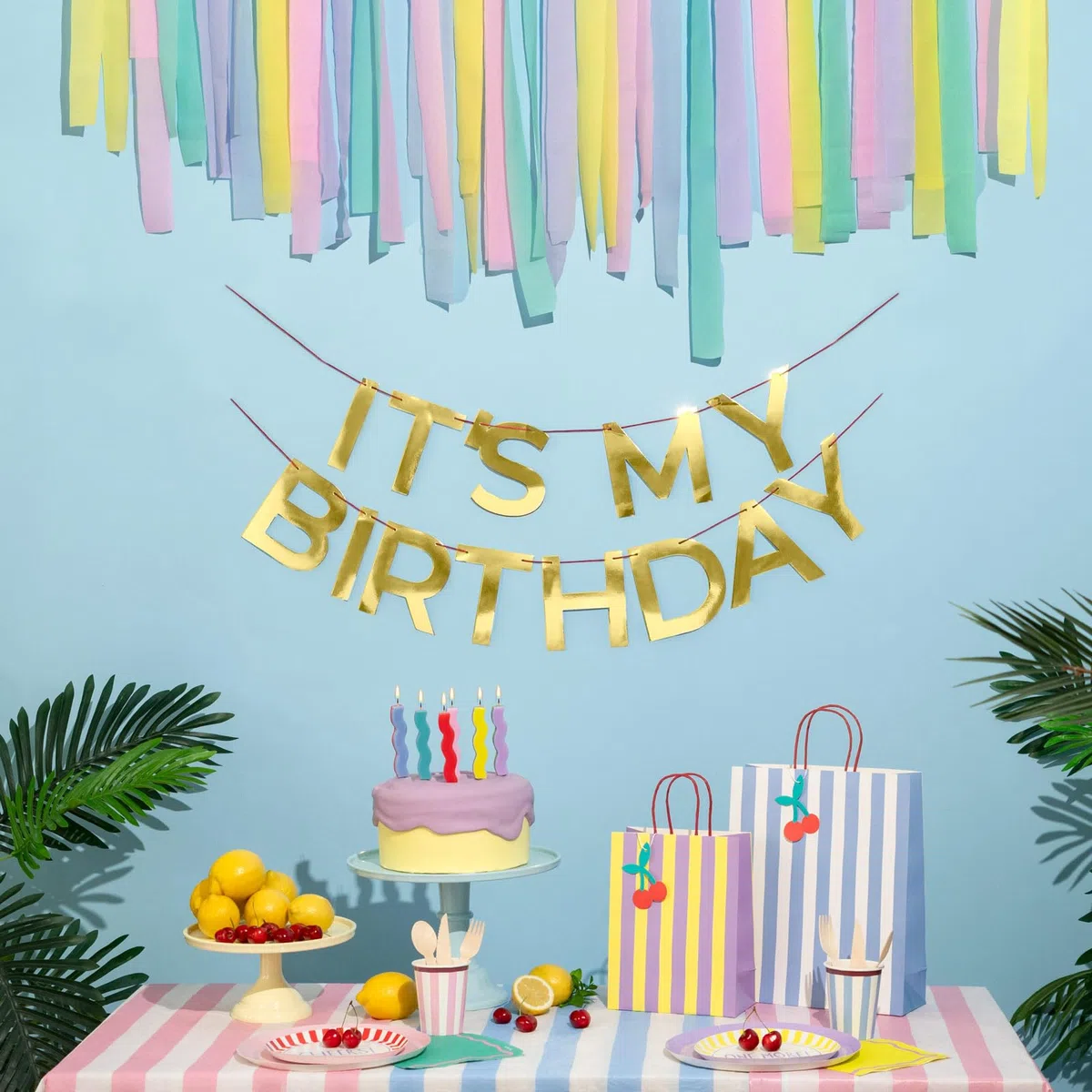 OH YEAH - Vajilla Fiesta de Cumpleaños Happy Vibes - Cumpleaños Adulto 12 Personas - Decoración Vajilla Cumpleaños Infantil Temático - Kit Mesa Happy vibes - Platos y Vasos para Cumpleaños