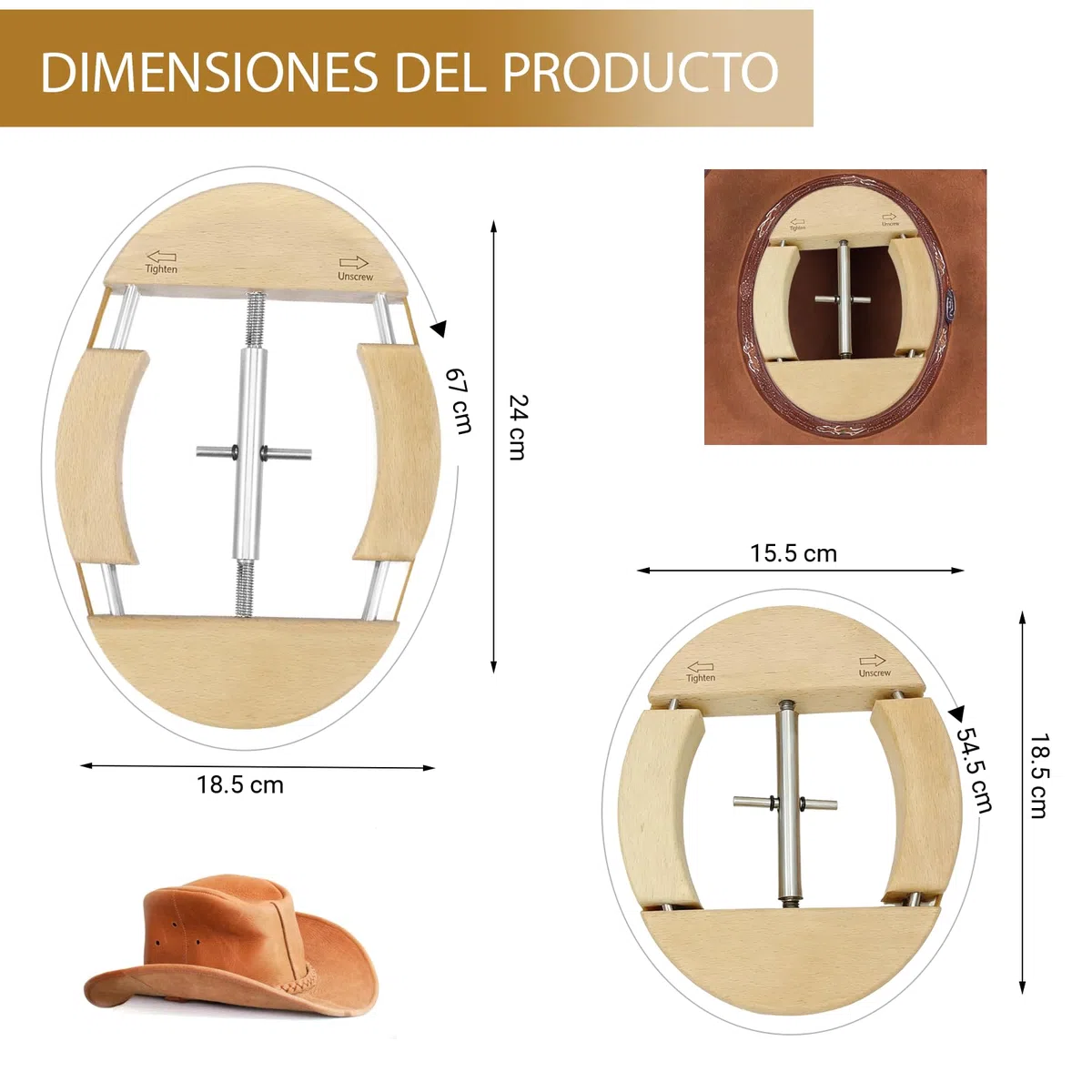 Estirador de Sombreros de Madera Natural de Cuatro Direcciones, Ensanchador de Sombreros, Horma para Sombreros de Fieltro, Paja, Lana, Gorras de Béisbol – de 18,5 a 24 cm para Hombre y Mujer