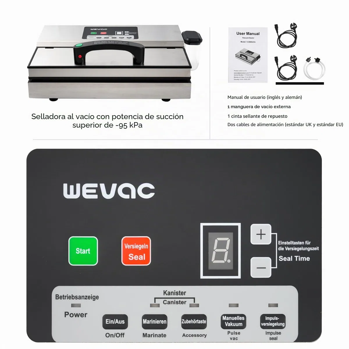 Wevac Maquina Vacio Alimentos Profesional, Potencia de Succión de 16 Litros/min, Costura de 30 cm, Fuerza de Vacío Regulable, Sellador al Vacío de Acero Inoxidable con Depósito de Líquidos