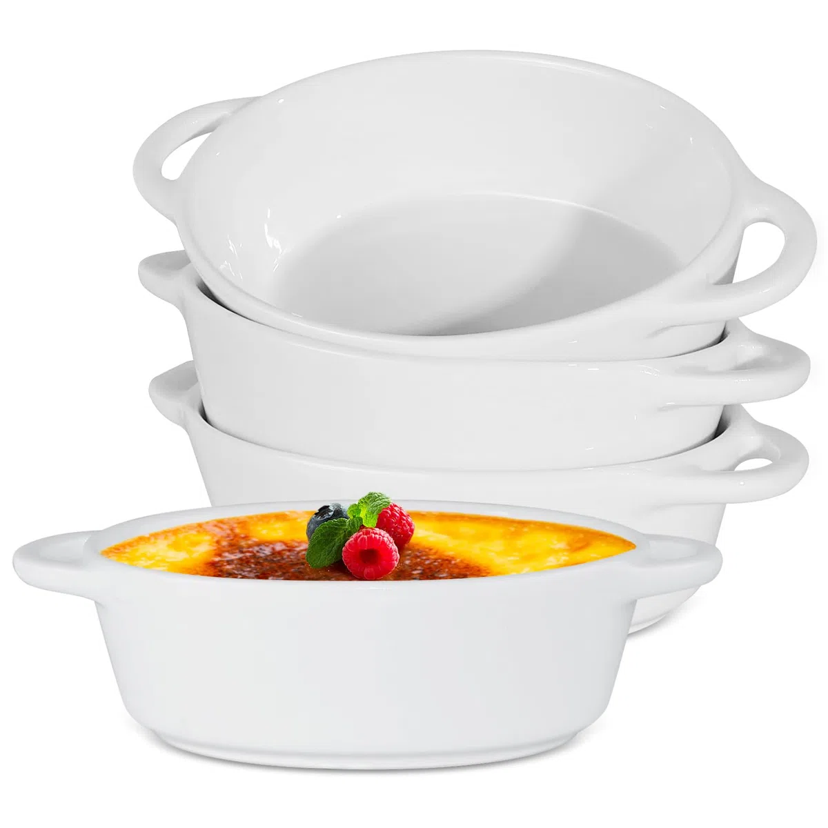 Juego de 4 platos de cerámica para hornear, 300 ml, pequeños con asas para horno, plato de lasaña de cerámica para pasta, tartas, quiche, pasteles, crema brulee, soufflé (18,5 x 11 x 4 cm)