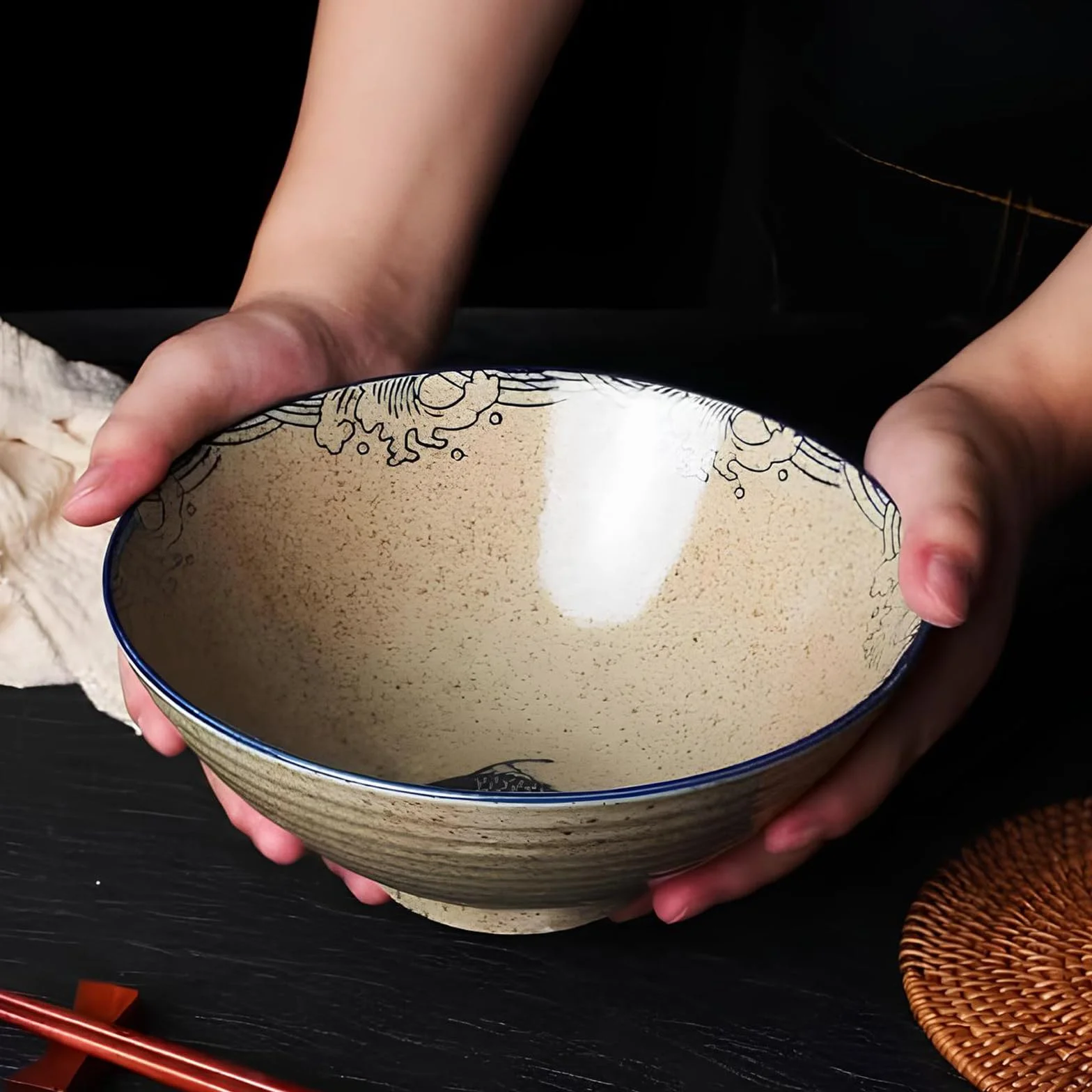 Juego de Cuencos para Ramen 1200ml, Cuenco Grande para Sopa Fideos Japonesa, Cuenco para Ramen de Cerámica, con Palillos y Cuchara, para Sopa de Ramen, Pasta, Macedonia, Arroz