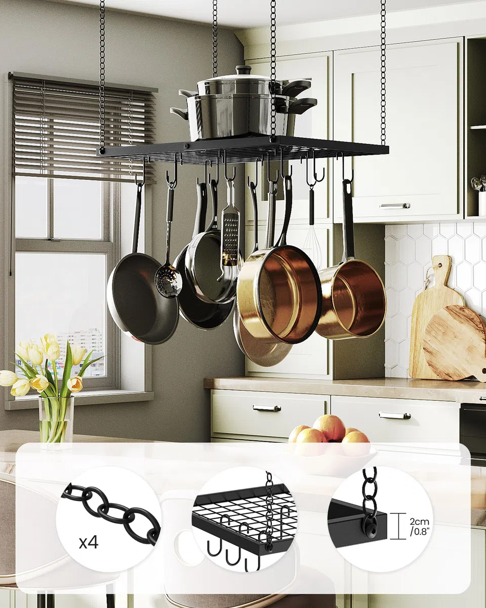 CHOEZON Estante colgante para ollas, colgador de ollas montado en el techo para cocina, organizador de almacenamiento de utensilios de cocina de metal con 12 ganchos, para almacenamiento de utensilios