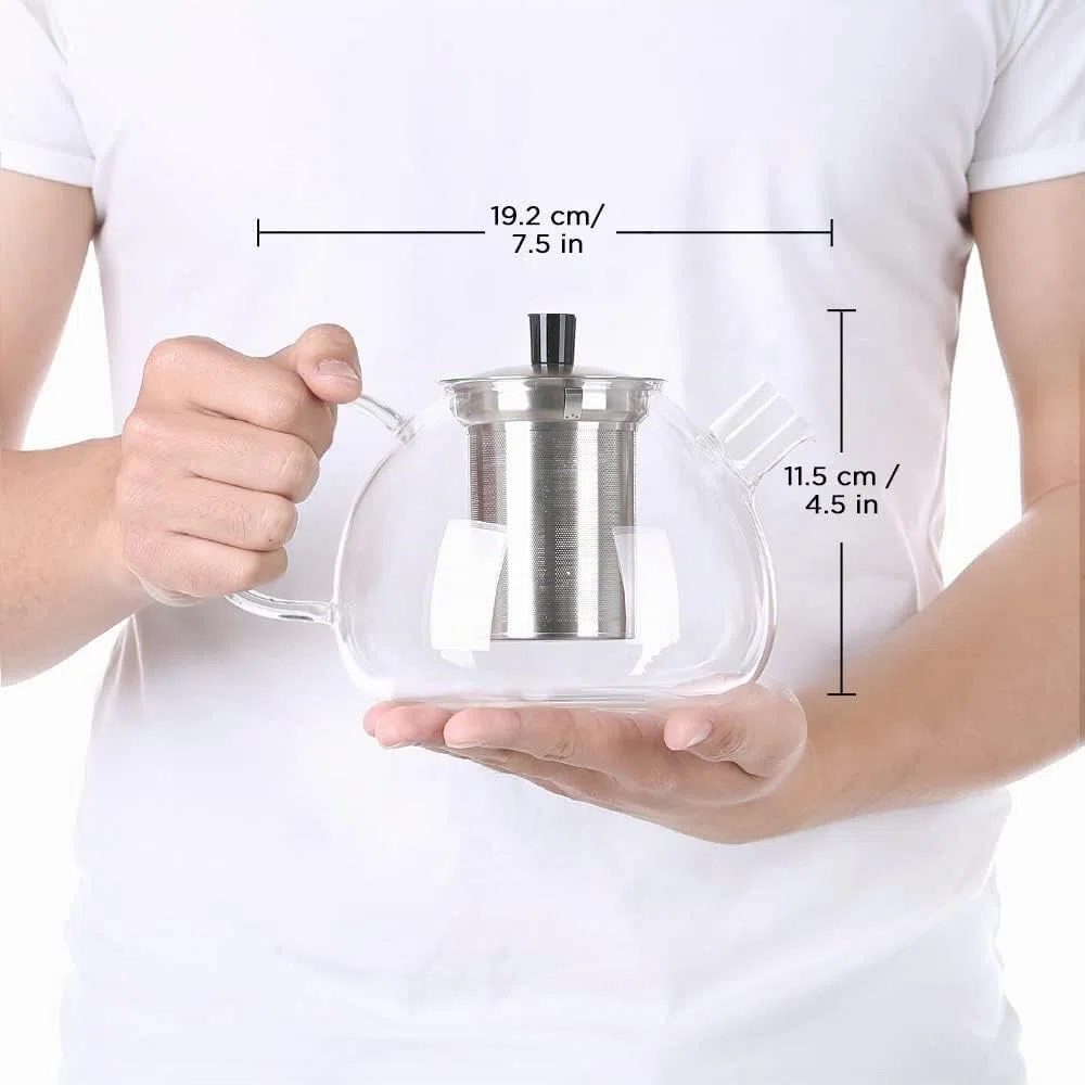 ecooe Tetera de cristal de borosilicato, 1000 ml, con colador extraíble de acero inoxidable 18/8, resistente al calor, para té negro, verde