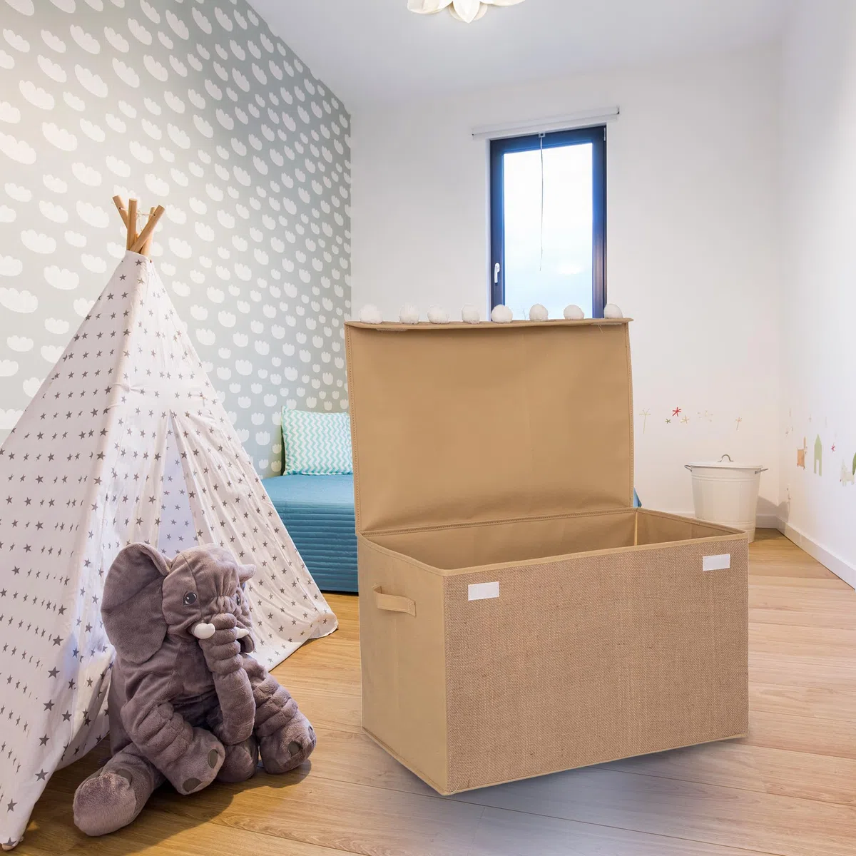 WELL HOME - Baúl infantil en yute con pompones