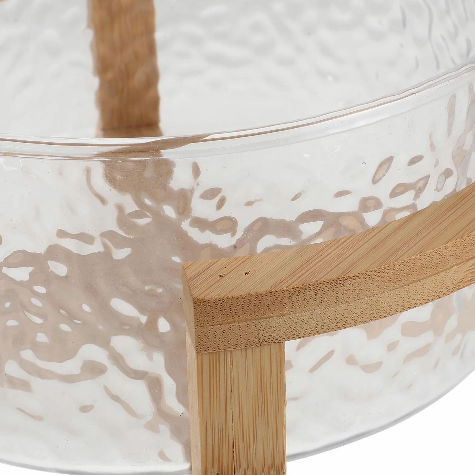 Bol para Ensalada de Vidrio con Soporte de Bambú Seguro, Tamaño 21x17.5x10cm, Diseño Elegante y Versátil para Servir Postres y Fiestas
